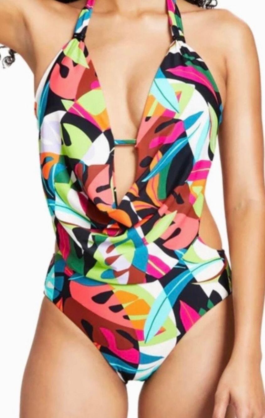 Bar III Tropical Dreams Plunge Cowl Neck One Piece Swim M NWT